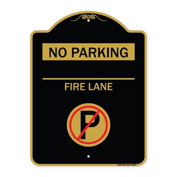 No Parking-Fire Lane W/ No Parking, Black & Gold Aluminum Sign, 18" x 24", BG-1824-23810